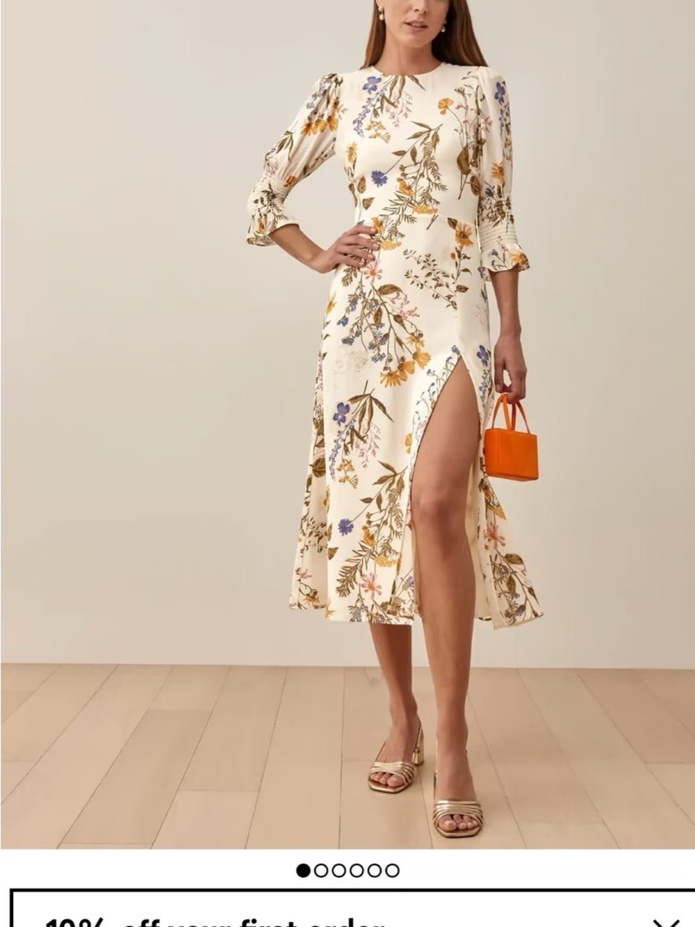 Reformation Cream Floral Midi Dress with Blue & Mustard Accents